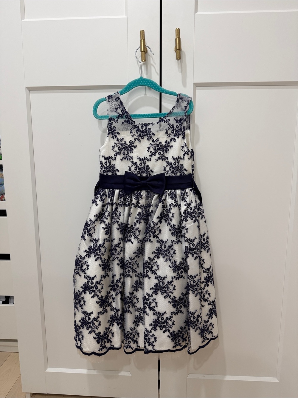 American Princess Girls' Navy and White Floral Lace Party Dress with Bow